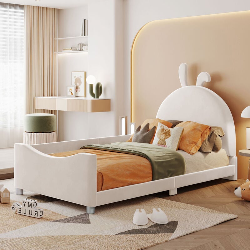 Letto per bambini 90x200 cm, a forma di coniglio, divano letto con struttura, con schienale, beige (senza materasso)