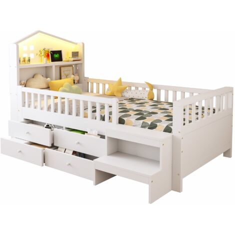 Letto per bambini in legno bianco 90x200 cm con rete a doghe, 4 cassetti, gradini laterali, LED e USB/Type-C