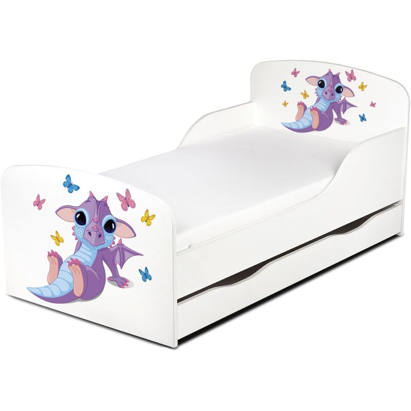 Letto per bambini in legno con cassetto e materasso 140x70 motivo Simpatico Drago