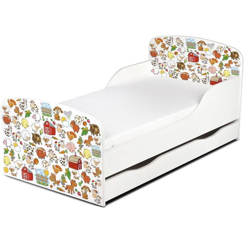 Letto per bambini in legno con cassetto e materasso Dimensioni:140x70 motivo fattoria