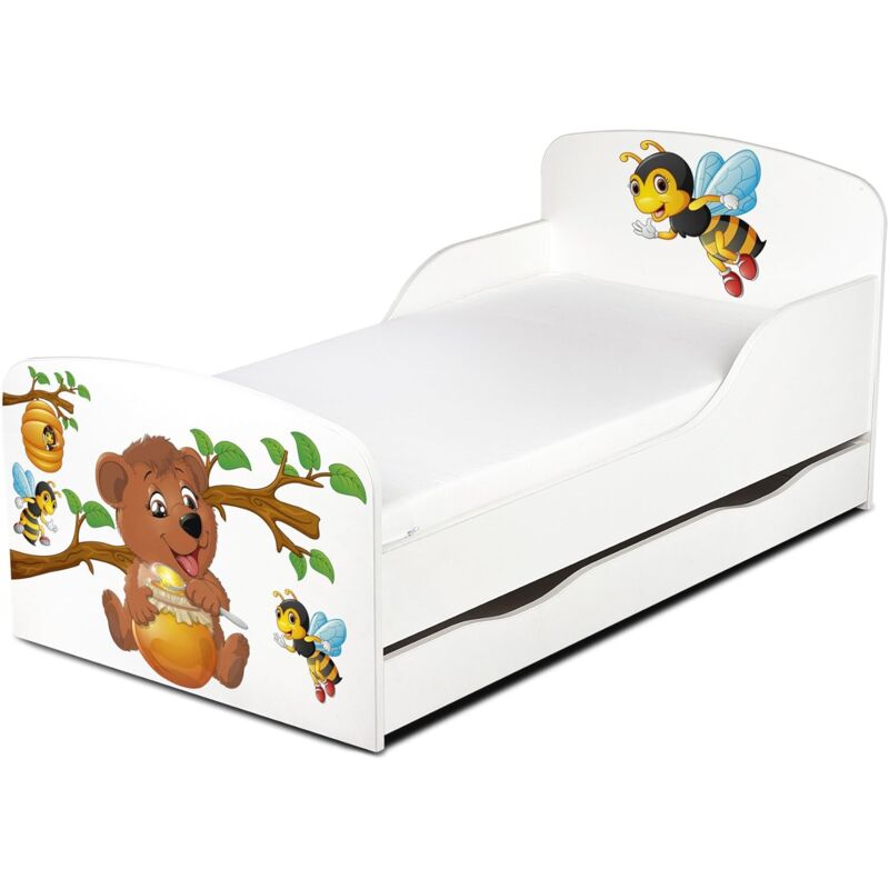 Letto per bambini in legno con cassetto e materasso Dimensioni:140x70 motivo Barile di Miele