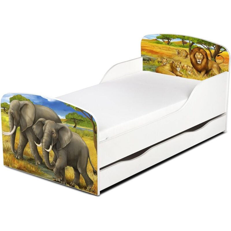 Letto per bambini in legno con cassetto e materasso Dimensioni:140x70 motivo SAFARI