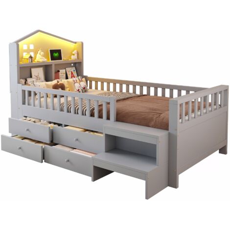 Letto per bambini in legno grigio 90x200 cm con 4 cassetti, LED, USB/Type-C e rete a doghe