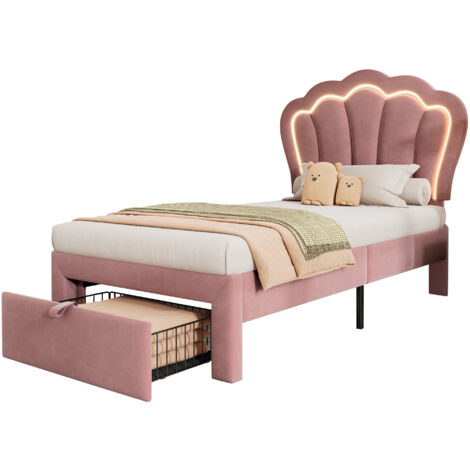 Letto per bambini LED singolo 90 x 200 cm con cassetti, letto imbottito, giroletto LED con controllo tramite app, rete a doghe e testiera regolabile, giroletto per ragazzi velluto rosa