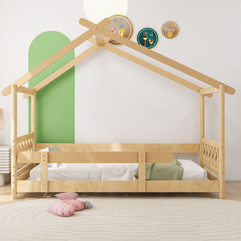 Letto per bambini 90x200 cm/140x70 cm letto da casa con cassetti e ripiani,  letto da gioco in legno massello con recinzione e rete a doghe, naturale