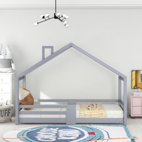 Letto per bambini, letto a casa 90 x 200 cm, letto in legno per la cameretta dei bambini, con tavola, rete a doghe, protezione anticaduta, in legno di pino, grigio-A