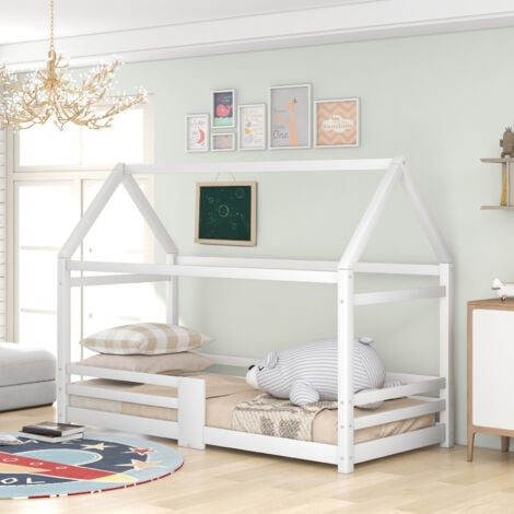 Letto per bambini, letto a casa, 90 x 200 cm, letto in legno per la cameretta dei bambini, con tavola, reti a doghe, protezione anticaduta, in legno di pino, bianco-B OKWISH