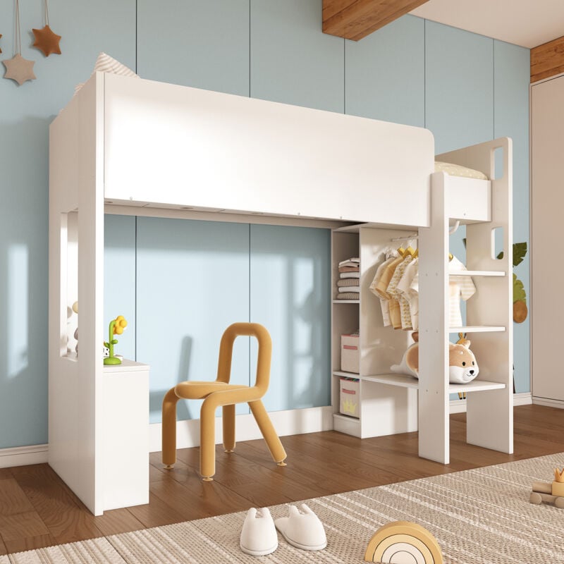 Letto per bambini, letto a soppalco letto singolo 90 x 200 cm, letto multiuso in legno 3 in 1 con contenitore, armadio, ripiani aperti e scala, bianco