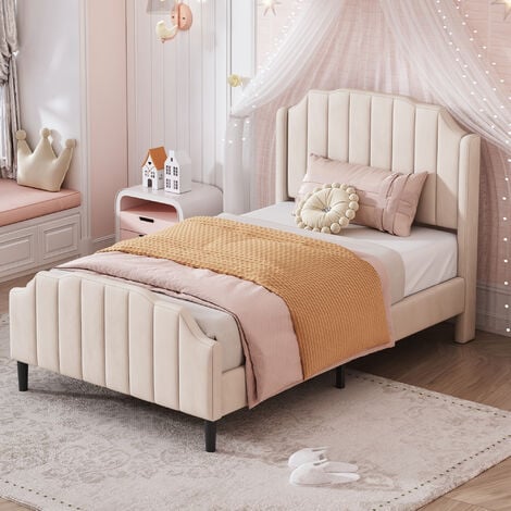 JN.SONGS Letto per Bambini, Letto Imbottito con Testiera, Pediera e Rete a Doghe - Beige 90x200