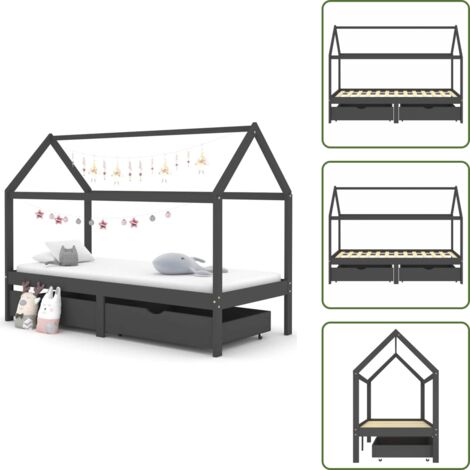 Letto per bambini - vidaXL Giroletto Bambini Cassetti Grigio Scuro Pino Massello 90x200 cm - Letto con tende