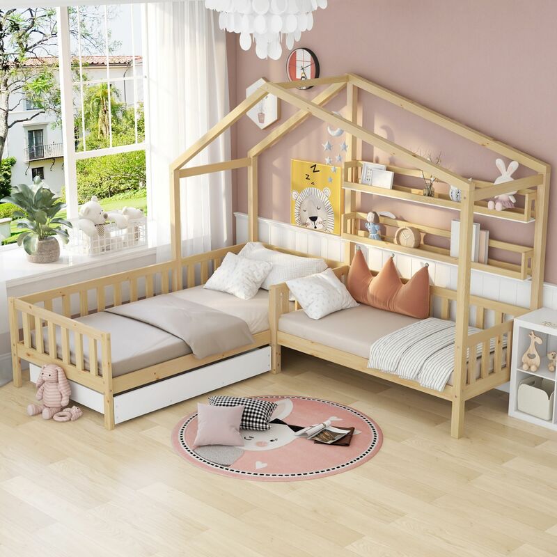 Merax - Letto per bambini 90x200 cm/140x70 cm letto da casa con cassetti e ripiani, letto da gioco in legno massello con recinzione e rete a doghe,