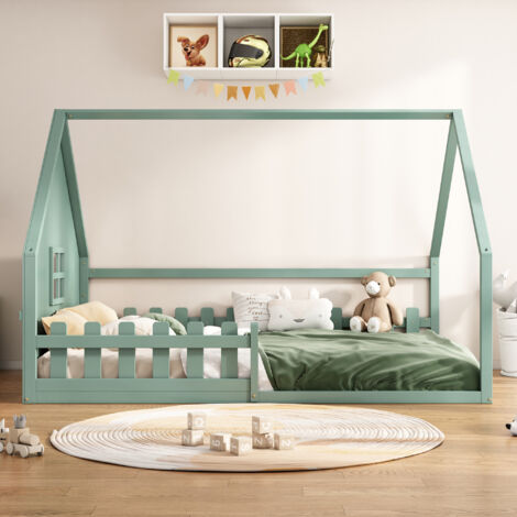 Letto piano, 140200 cm, lettino per bambini, barra, ringhiera, legno di pino, verde