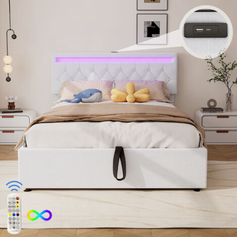 Letto piano 140200 cm, letto imbottito, illuminazione ambientale accanto al letto, telecomando a 24 tasti, presa USB e Type-C accanto al letto, ampio spazio di archiviazione, bianco