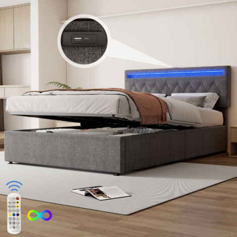 Letto piano 140200 cm, letto imbottito, luce ambientale sul letto, telecomando a 24 tasti, letto alzabile e abbassabile, presa USB e Type-C sul letto, ampio spazio di stivaggio, grigio