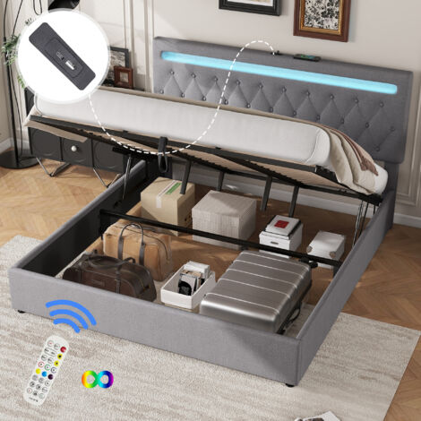 Letto piano 180200 cm, imbottito, letto idraulico con meccanismo di sollevamento, luce ambientale che cambia colore, telecomando, porta USB, grigio
