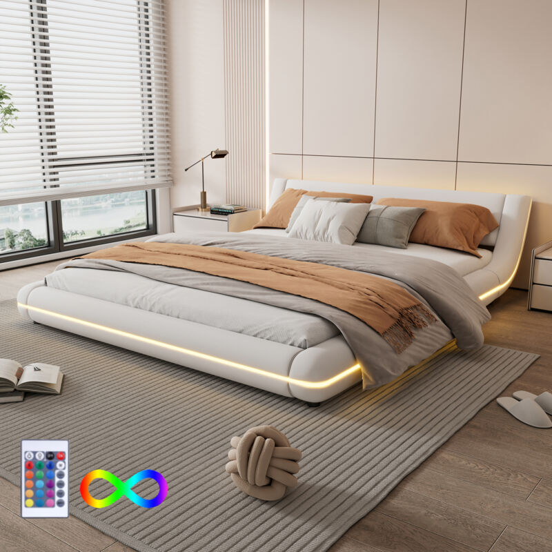 Letto piano 160200 cm, letto a pavimento, pu, luce ambientale a led, telecomando a 24 tasti, bianco