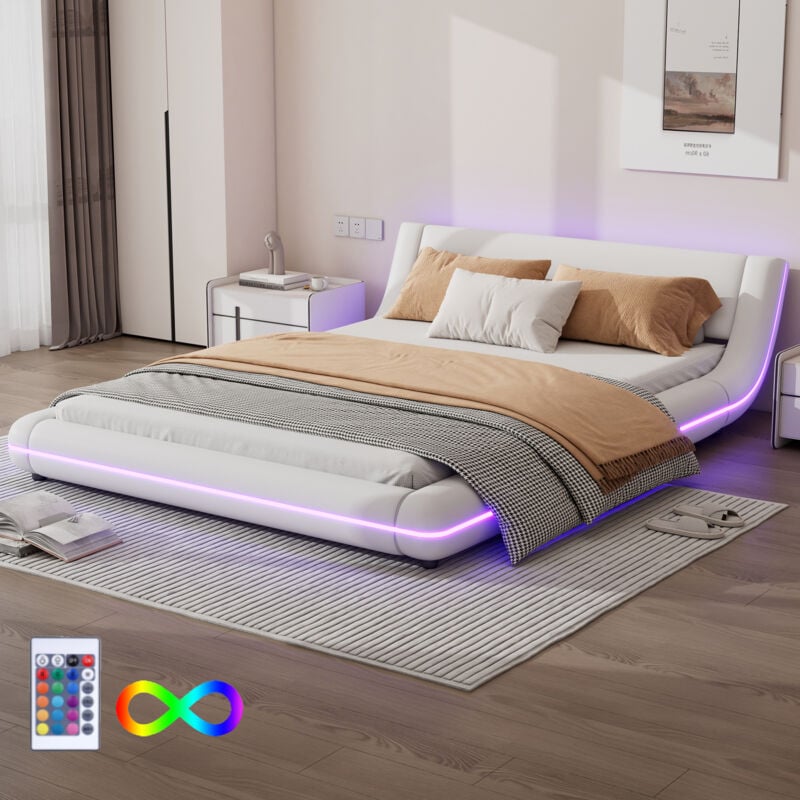 Redom - Letto piano 140200 cm, letto a pavimento, pu, luce ambientale a led, telecomando a 24 tasti, bianco