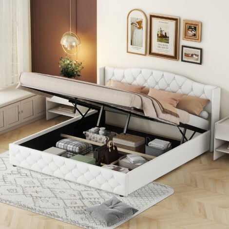 Letto piano multifunzionale 180 x 200 con stoccaggio idraulico, bianco OKWISH