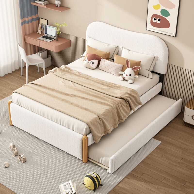 Letto piano 140200 cm, imbottito, con pratico letto estraibile, design minimalista, bianco