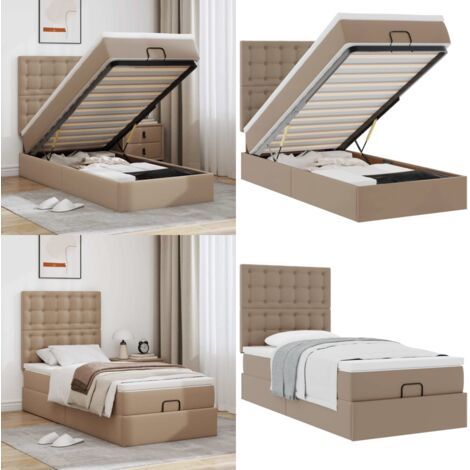 Letto Pouf con Materasso Cappucino 90x190 cm Similpelle - Materasso a molle - Stoccaggio sotto il letto