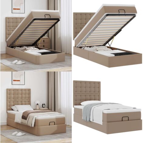 Letto Pouf con Materasso Cappucino 90x200 cm Similpelle - Materasso a molle insacchettate - Stoccaggio sotto il letto