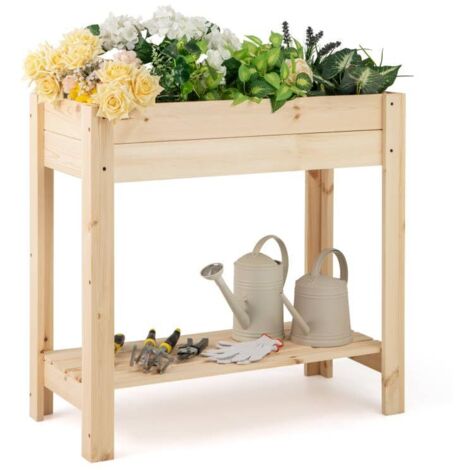 Letto rialzato in legno con gambe, letto da giardino con ripiano portaoggetti e fori di drenaggio, contenitore (81 x 37 x 77 cm)