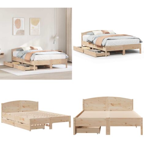 Letto senza Materasso 135x190 cm in Legno Massello di Pino - Letto con testiera - Letto in legno massello