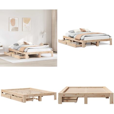 Letto senza Materasso 140x190 cm in Legno Massello di Pino - Letto in legno - Letto con cassetti