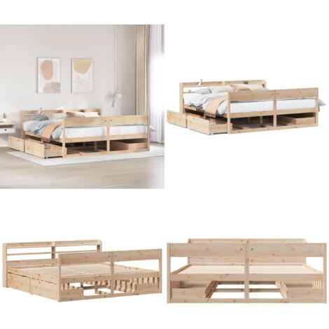 Letto senza Materasso 200x200 cm in Legno Massello di Pino - Letto in legno - Letto con cassetti