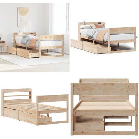 Letto senza Materasso 90x200 cm in Legno Massello di Pino - Letto in legno massello - Letto con cassetti