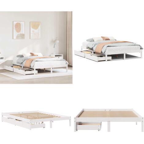 Letto senza Materasso Bianco 135x190 cm Legno Massello di Pino - Letto con doghe - Letto con cassetti