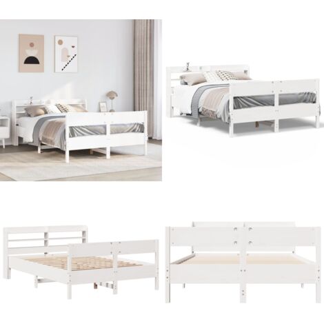 Letto senza Materasso Bianco 135x190 cm Legno Massello di Pino - Testiera letto - Letto con ripiani