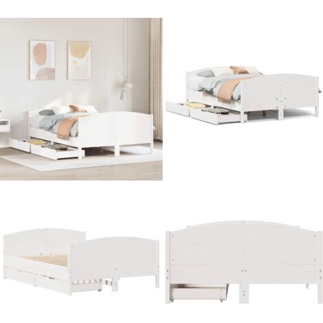 Letto senza Materasso Bianco 140x190 cm Legno Massello di Pino - Letto con cassetti - Letto con testiera