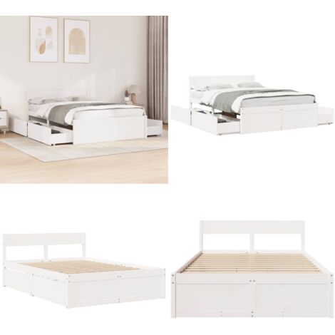 Letto senza Materasso Bianco 140x190 cm Legno Massello di Pino - Letto con cassetti - Letto in legno