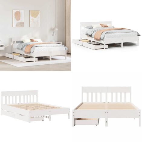 Letto senza Materasso Bianco 140x190 cm Legno Massello di Pino - Letto con cassetti - Letto in legno massello