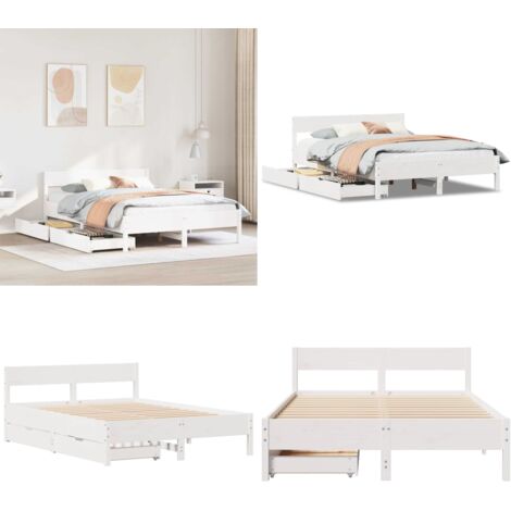 Letto senza Materasso Bianco 140x200 cm Legno Massello di Pino - Letto con cassetti - Letto con base a doghe
