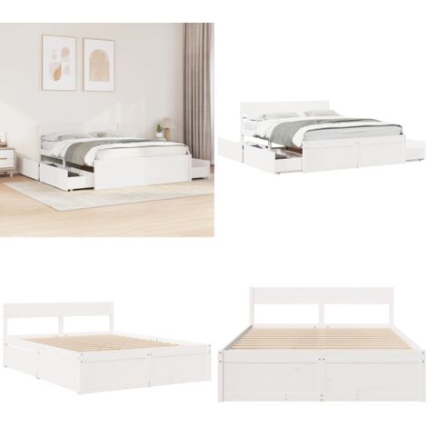 Letto senza Materasso Bianco 140x200 cm Legno Massello di Pino - Letto con cassetti - Letto in legno