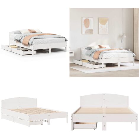 Letto senza Materasso Bianco 140x200 cm Legno Massello di Pino - Letto con cassetti - Letto in legno massello