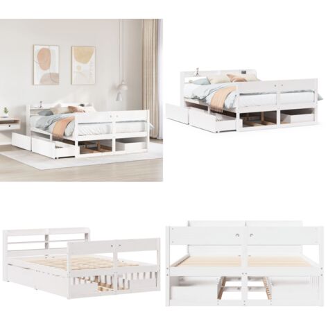 Letto senza Materasso Bianco 150x200 cm Legno Massello di Pino - Letto con cassetti - Letto con ripiani