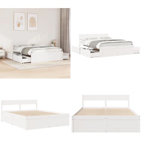 Letto senza Materasso Bianco 150x200 cm Legno Massello di Pino - Letto con cassetti - Letto in legno
