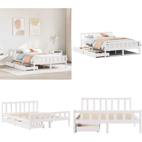 Letto senza Materasso Bianco 150x200 cm Legno Massello di Pino - Letto con doghe - Letto con cassetti