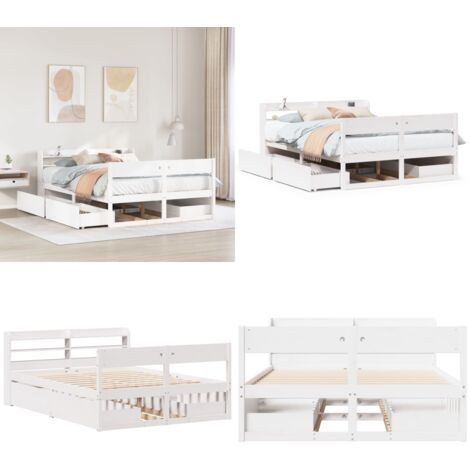 Letto senza Materasso Bianco 160x200 cm Legno Massello di Pino - Letto con cassetti - Letto con ripiani