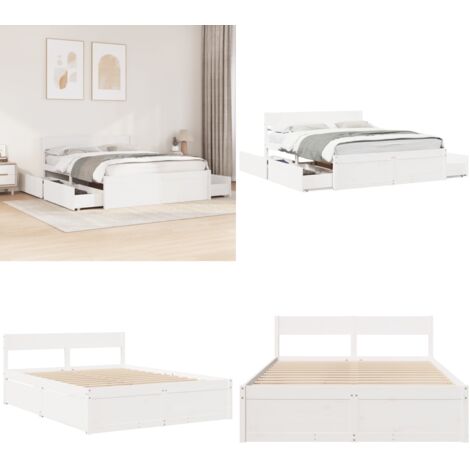 Letto senza Materasso Bianco 160x200 cm Legno Massello di Pino - Letto con cassetti - Letto in legno