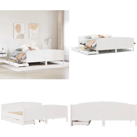 Letto senza Materasso Bianco 160x200 cm Legno Massello di Pino - Letto con cassetto - Letto con testiera