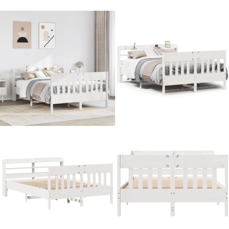 Letto senza Materasso Bianco 160x200 cm Legno Massello di Pino - Letto con testiera - Letto in legno