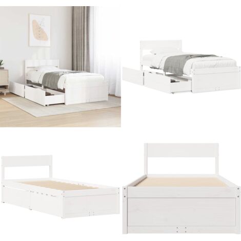 Letto senza Materasso Bianco 75x190 in Legno Massello di Pino - Letto con cassetti - Letto in legno