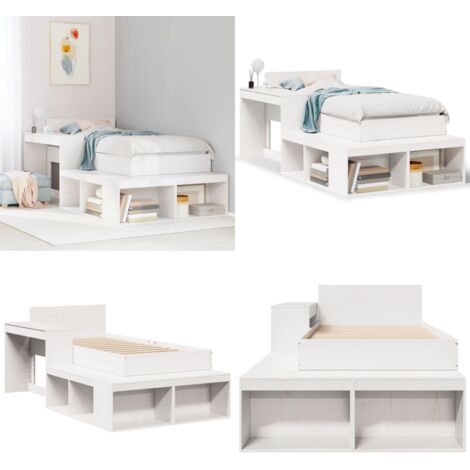 Letto senza Materasso Bianco 75x190 in Legno Massello di Pino - Letto con testiera - Comodino con scrivania