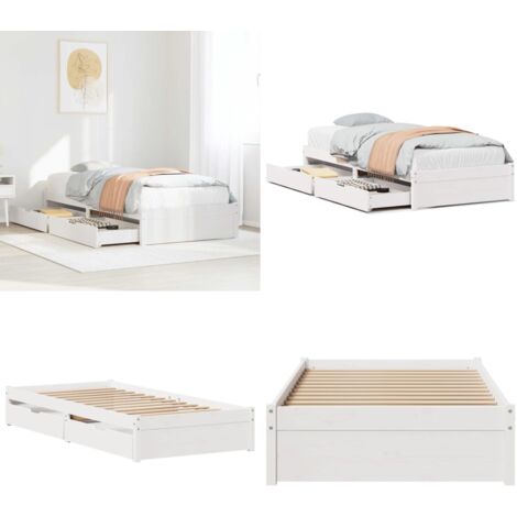 Letto senza Materasso Bianco 75x190 in Legno Massello di Pino - Letto in legno - Letto con cassetti