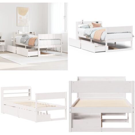 Letto senza Materasso Bianco 75x190 in Legno Massello di Pino - Letto in legno - Letto con cassetti