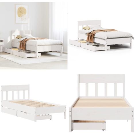 Letto senza Materasso Bianco 75x190 in Legno Massello di Pino - Letto in legno massello - Letto con cassetti